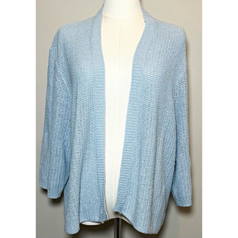 Eileen Fisher Blue Open-Knit Open Front Silk Linen Cardigan Sweater 1X Perfect